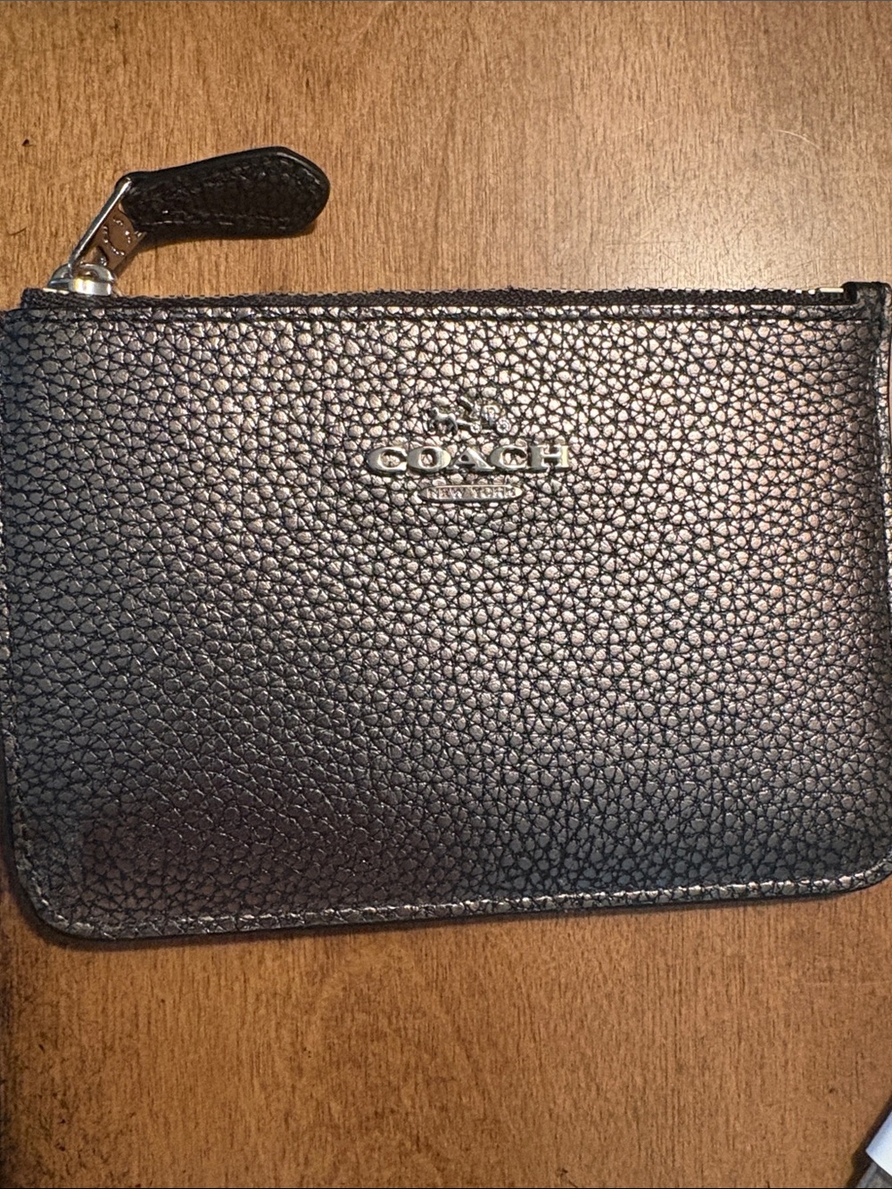 Coach Metallic Black Pebbled Leather Zip Card Case